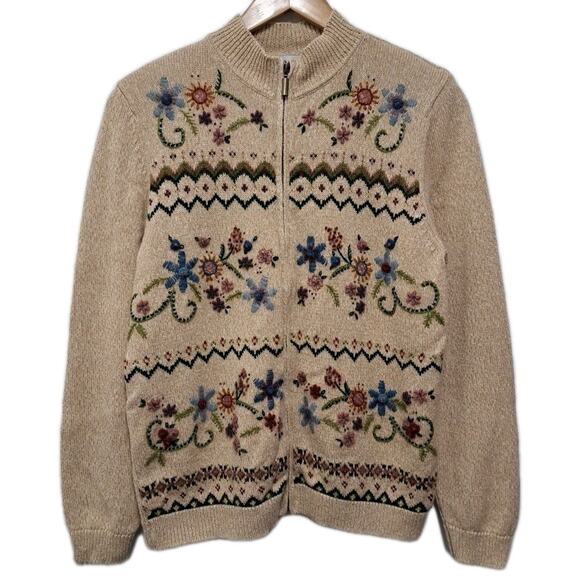 VTG Alfred Dunner Full Zip Sweater Womens PL Beige Knit Cardigan Embroidered 90s - Picture 1 of 15